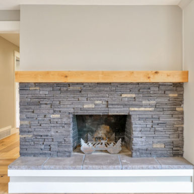 fireplace with clear coated mantle