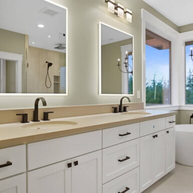primary bathroom custom cabinet and soaking tub and walk in shower beautifully combined